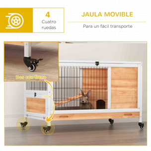 Jaula para Conejos de Madera Conejera para Mascotas Pequeñas Portátil Interior con Techo Abrible Rampa Bandeja Extraíble para Conejillos de Indias 90x53x59 cm Natural y Blanco