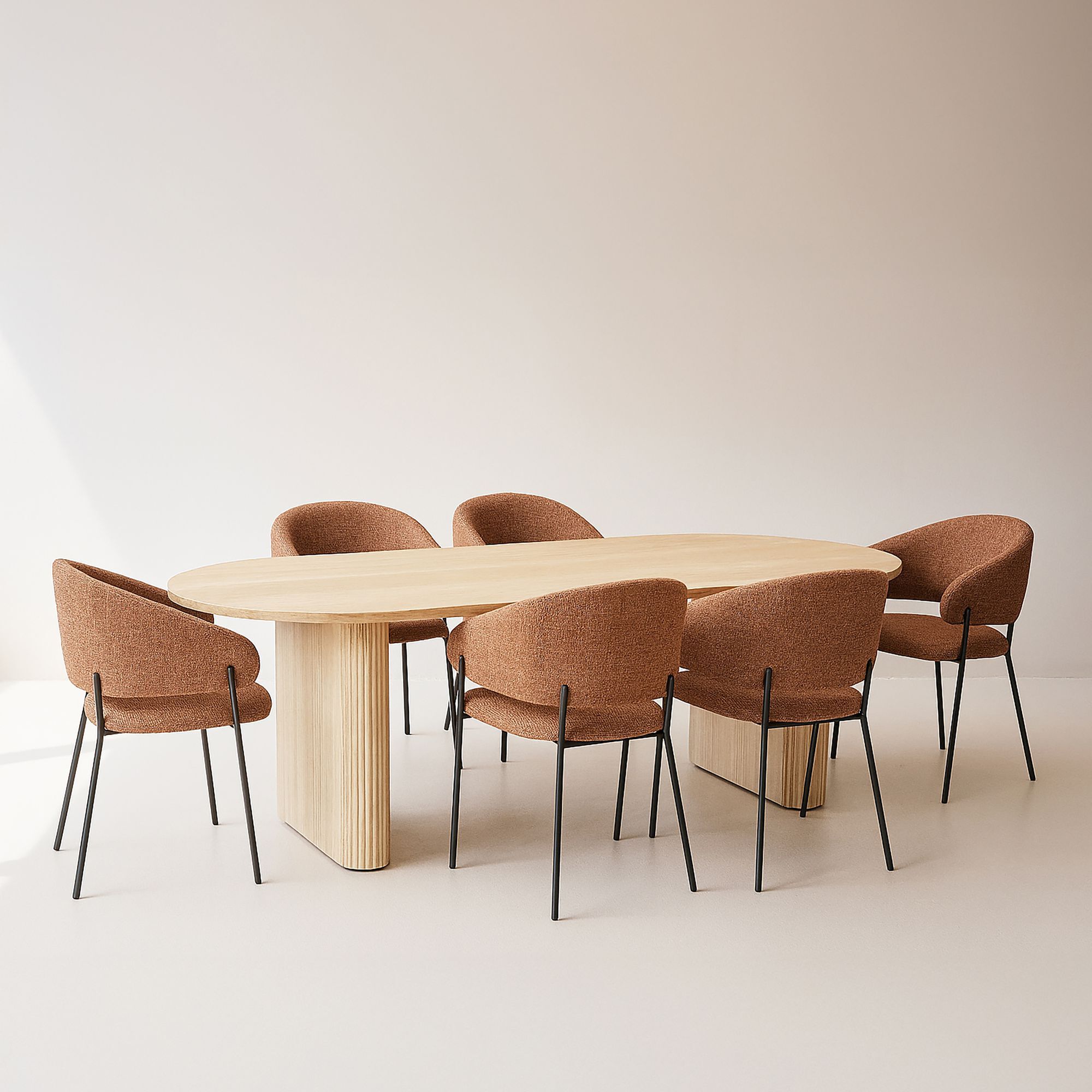 Ensemble table ovale et 6 fauteuils en tissu brique QUITO