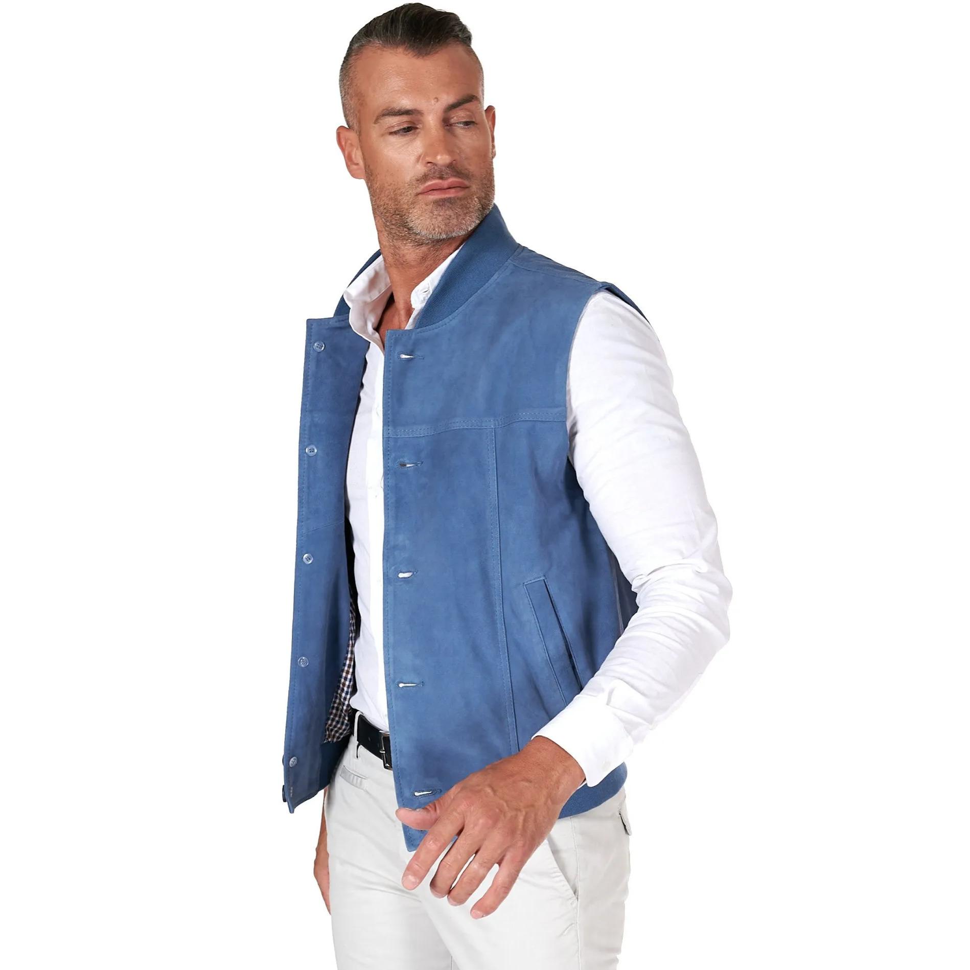 Gilet in pelle camoscio blu denim con bottoni