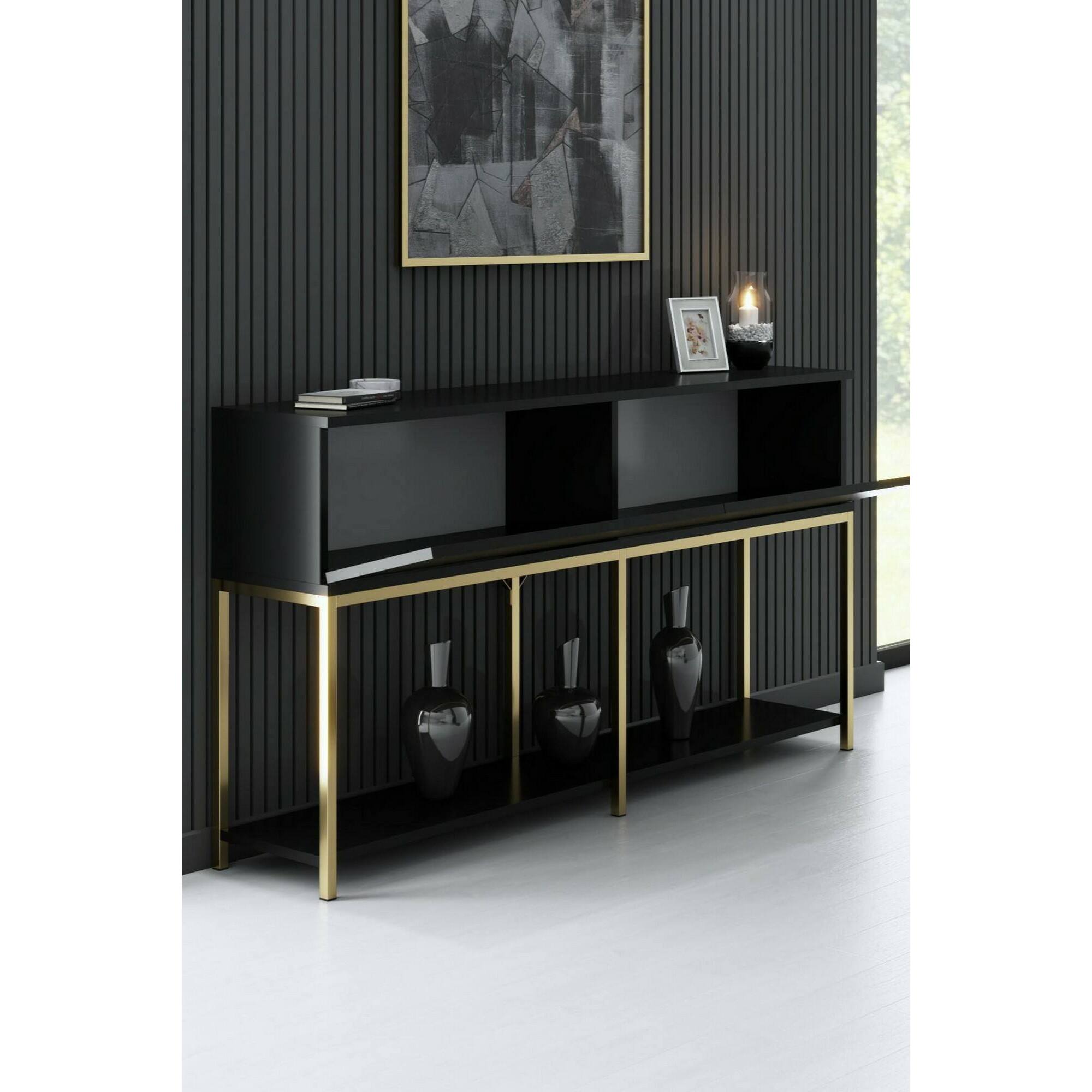 Credenza Djimsit, Buffet da soggiorno, Madia da salotto, Dispensa da cucina, 150x30h80 cm, Nero e Oro