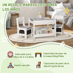 Juego de Mesa y 2 Sillas Infantiles Mesa con Sillas para Niños 2 en 1 con Pizarra Cajones de Tela y Espacio de Almacenamiento para Guardería Sala de Juegos Gris