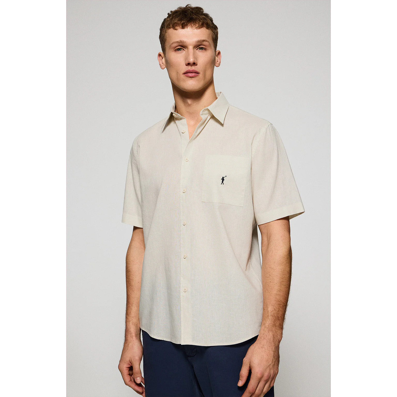 Camicia beige a maniche corte in lino-cotone con ricamo Rigby Go