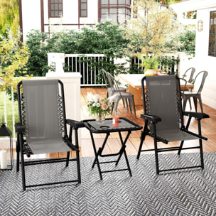 Conjunto de Mesa y Sillas de Terraza Exterior de 3 Piezas Muebles de Jardín Exterior Plegables con Estructura de Acero y Portavasos para Patio Gris Oscuro