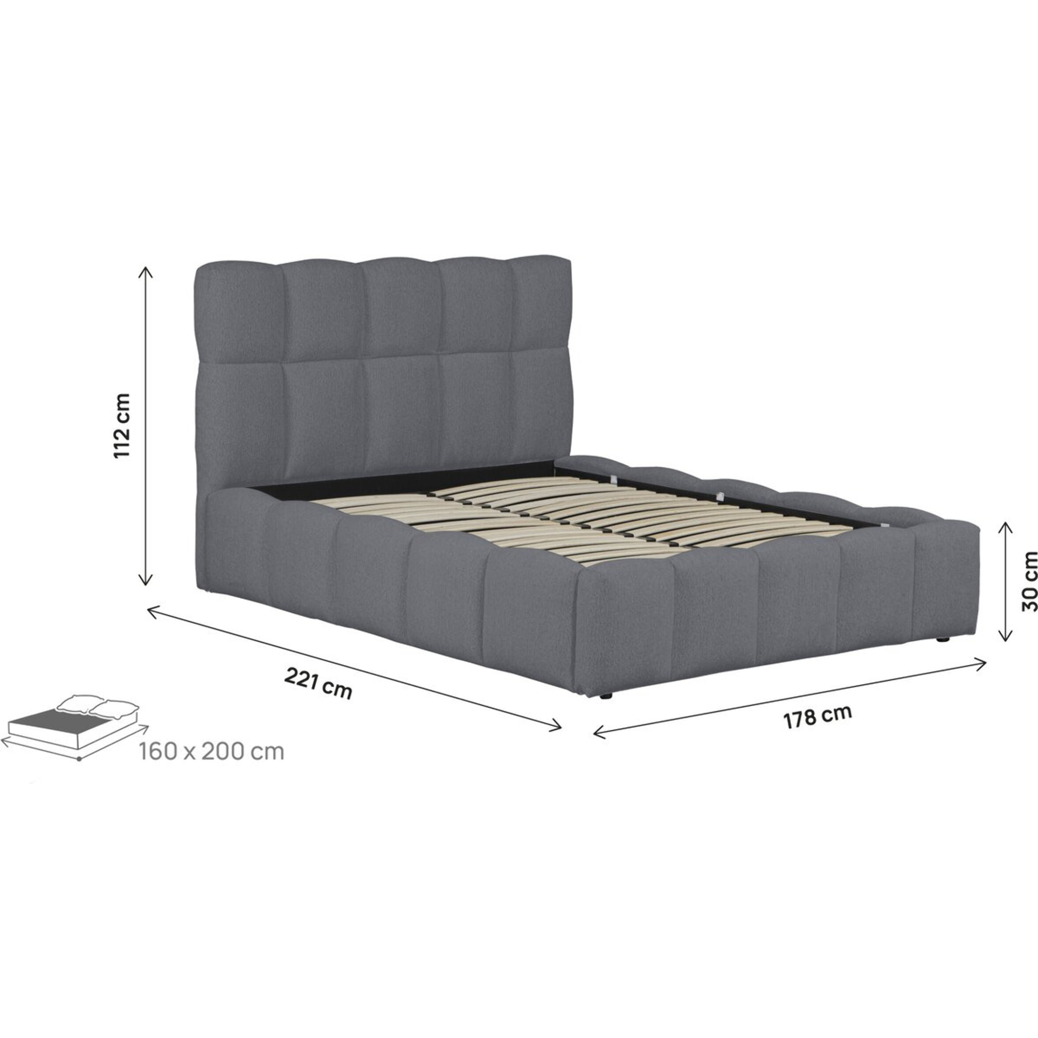 Lit double en tissu avec coffre "Davos" - 160 x 200 cm - Gris