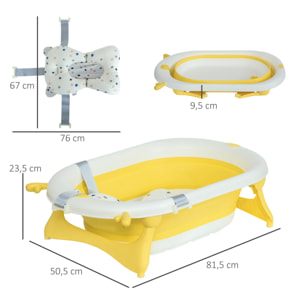 Bañera Plegable Bebé Recién Nacido hasta 3 Años 35L con Cojín y Tapón Amarillo
