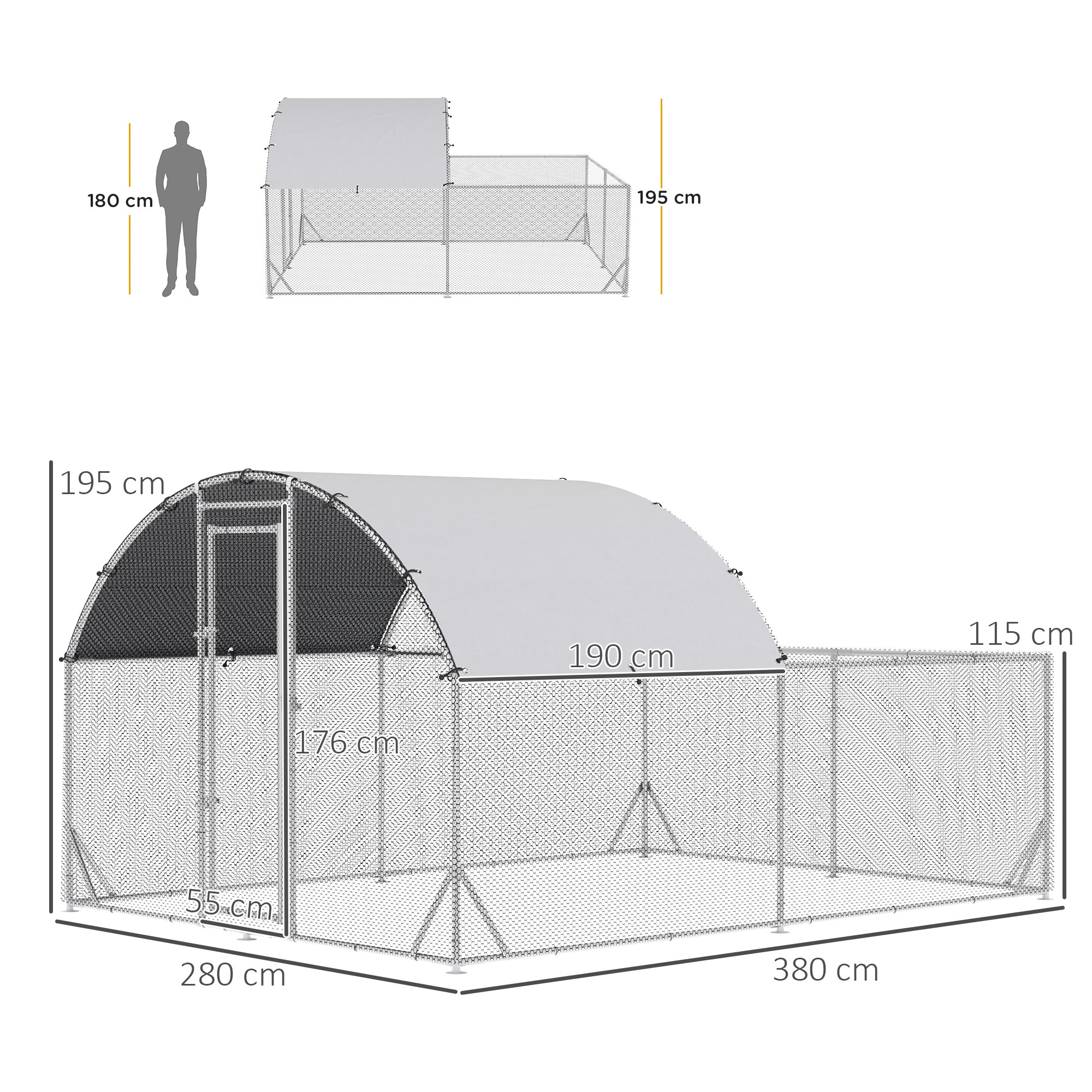 Gallinero Exterior Grande 380x280x195 cm Jaula para 10-12 Gallinas de Acero Galvanizado con 2 Pisos Cubierta de Tejado Puerta Corral para Pollos Conejos Patos Plata