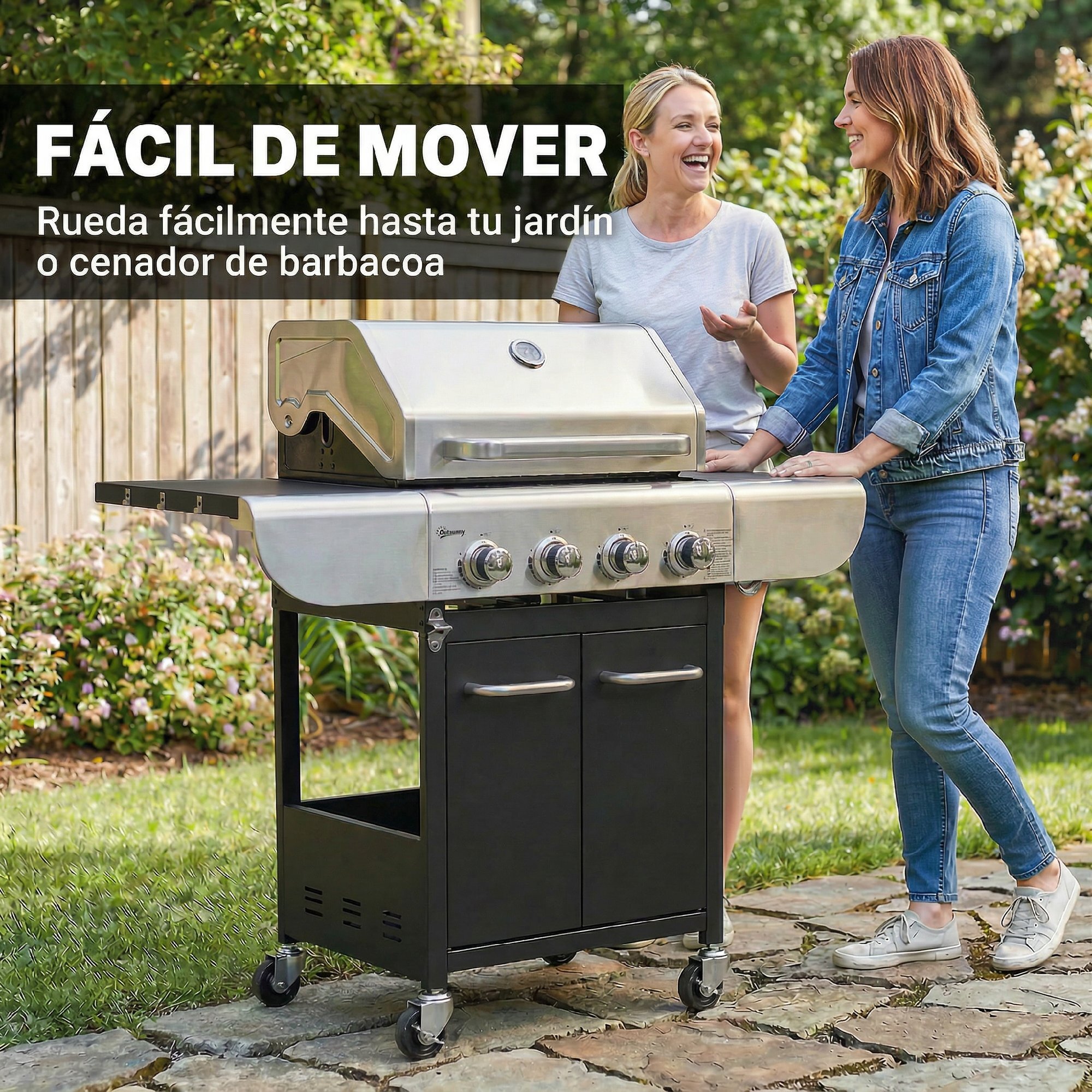 Barbacoa de Gas BBQ Gas con 4 Quemadores 12,8 kW Barbacoa Portátil con Termómetro Mesas Laterales Armario Rejilla Calentadora Acero Parrillas de Hierro Fundido Recogedor Grasa 4 Ruedas Negro