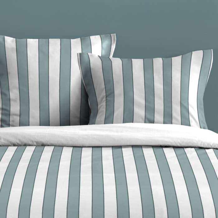 Parure de lit 3 pièces en coton imprimé rayures housse + taies - Bleu