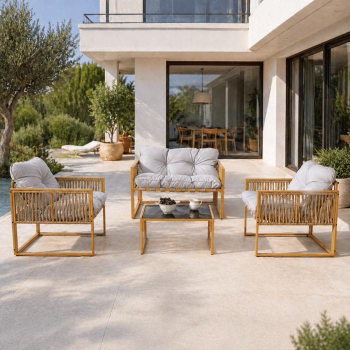 Salon de jardin 4 places effet rotin coussins gris clair FORLI