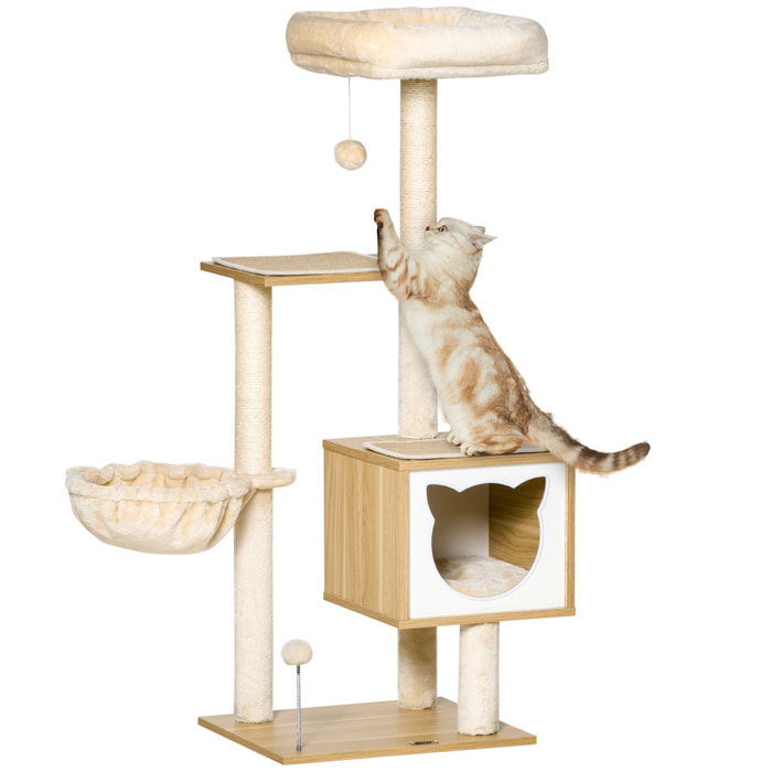 Árbol Rascador para Gatos con Plataforma Altura 126 cm Torre Escalador para Gatos con Hamaca Caseta Cama Postes de Sisal y Bolas para Jugar 48x40x126 cm Beige