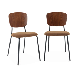 Lot de 2 chaises assise bouclette texturée moutarde. dossier bois de peuplier courbé. pieds en métal noir mat