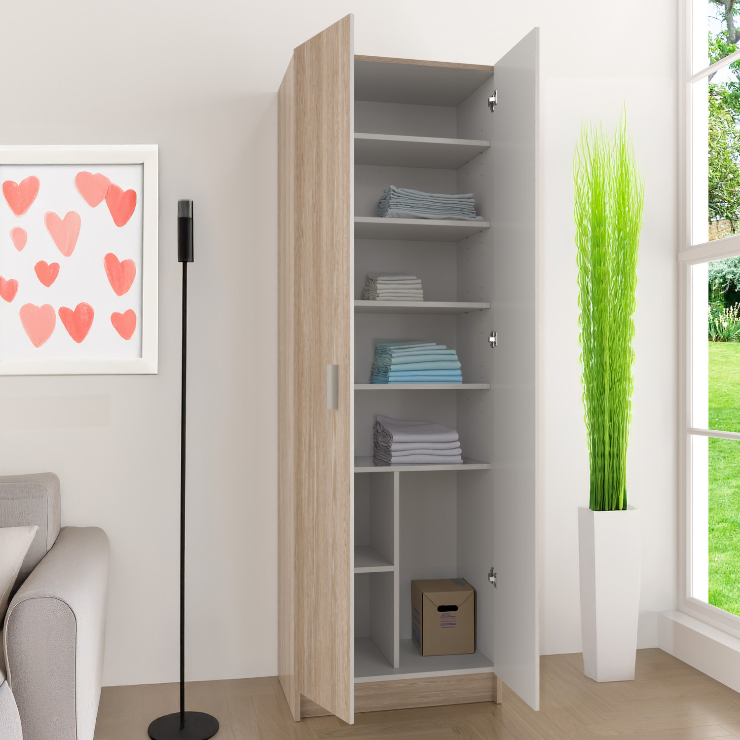 Armadio Armadietto Multiuso A Colonna Alphabet con 2 Ante e 8 Ripiani Ingresso Camera da Letto 59 x 37 x 180 Cm Colore Rovere Chiaro