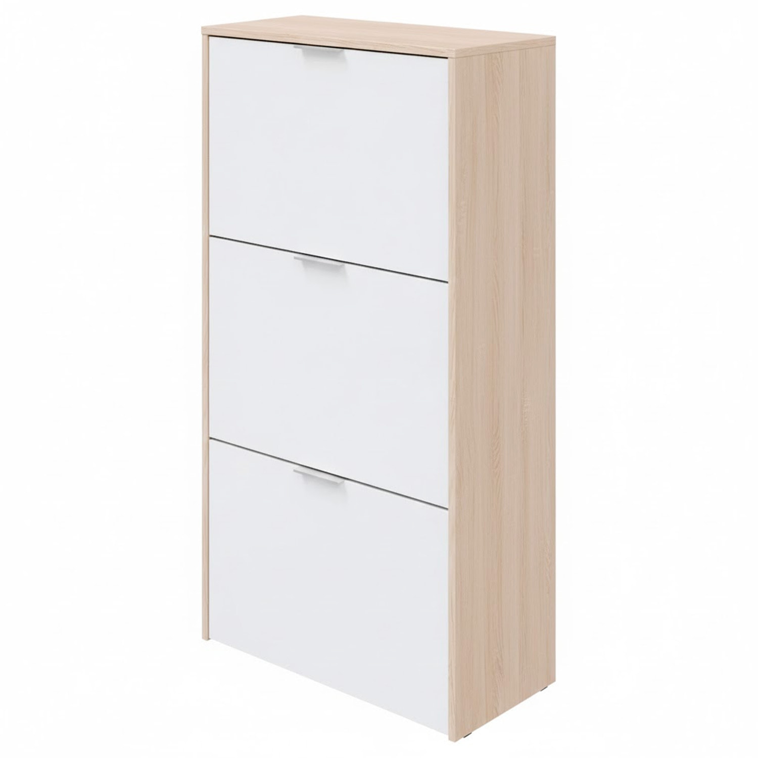 Mobile Portascarpe Salvaspazio Con 3 Ante A Ribalta Capacità Fino A 18 Paia Scarpiera Design Moderno 113 x 60 x 22 Cm Rovere E Bianco Lucido