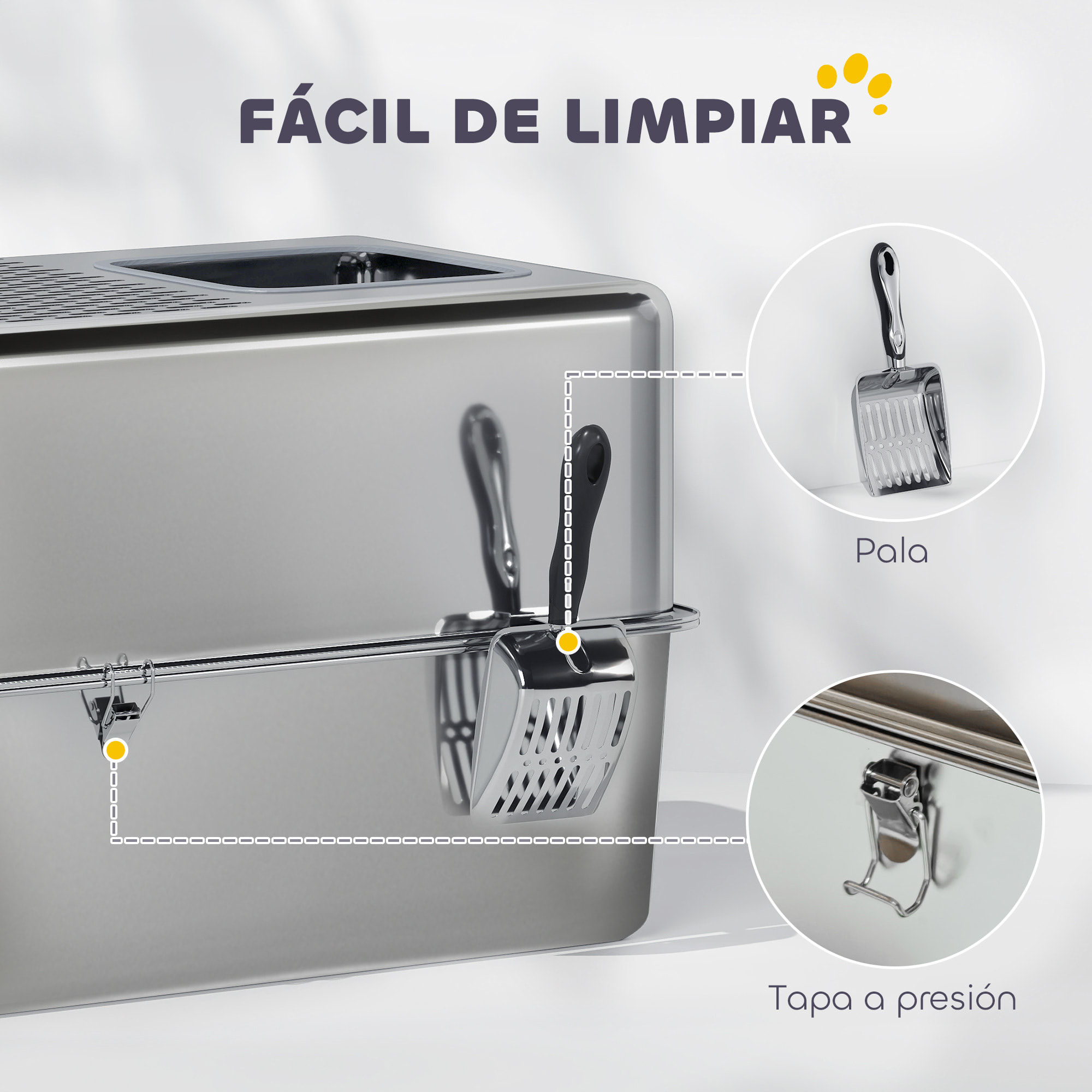 Arenero para Gatos de Acero Inoxidable XL Caja de Arena para Gatos Arenero con Pala Aberturas Dobles Fácil de Limpiar Plata