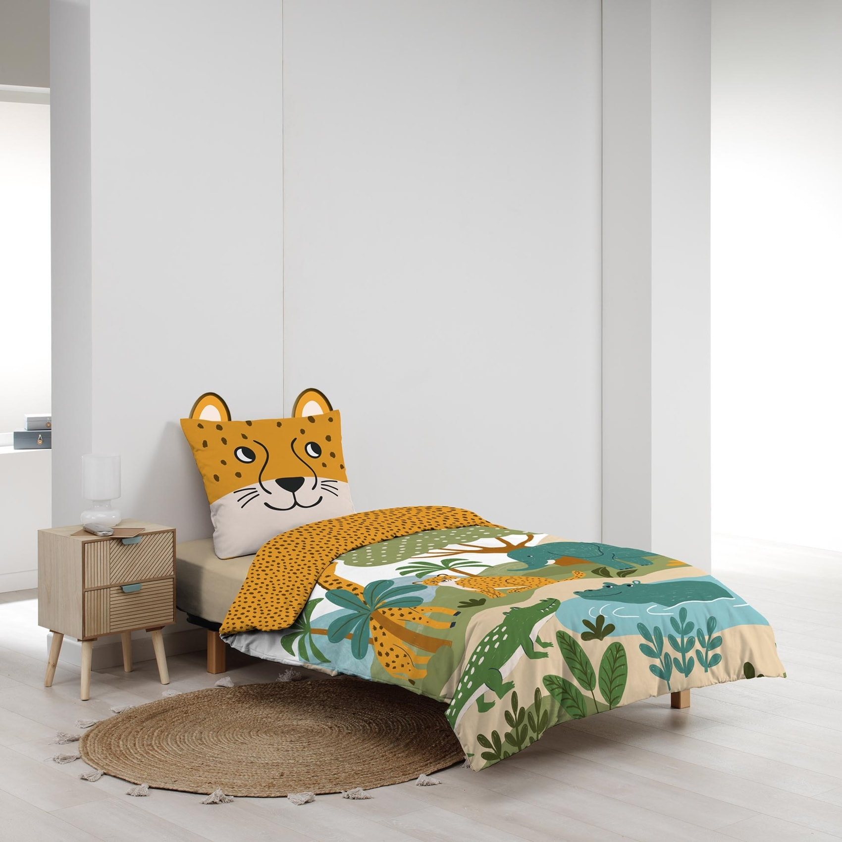 Parure de lit enfant 2 pièces 100 % coton imprimé animaux de la jungle housse + taie - Jaune