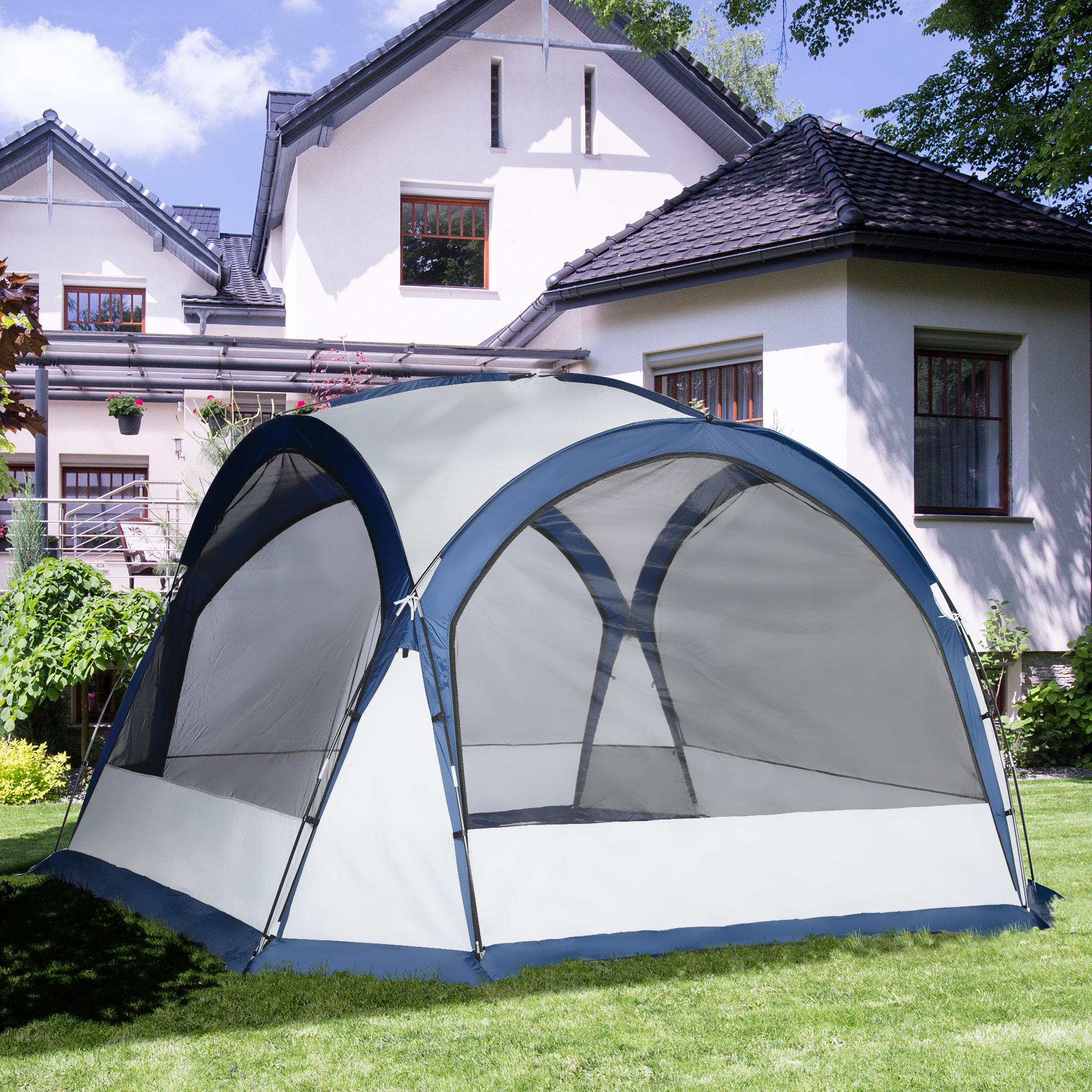 Tente de camping dôme familiale 6-8 personnes - 4 portes en filet zippées, tissu Oxford amovible, crochet lampe, sac de transport - dim. 350L x 350l x 230H cm - blanc bleu