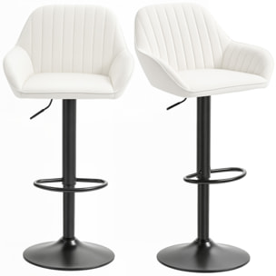 Juego de 2 Taburetes de Bar Giratorios, Taburetes Altos de Cocina con Altura Ajustable 62-83 cm, Sillas Altas de Cocina, Tapizada en Terciopelo, Respaldo y Reposapiés, Crema