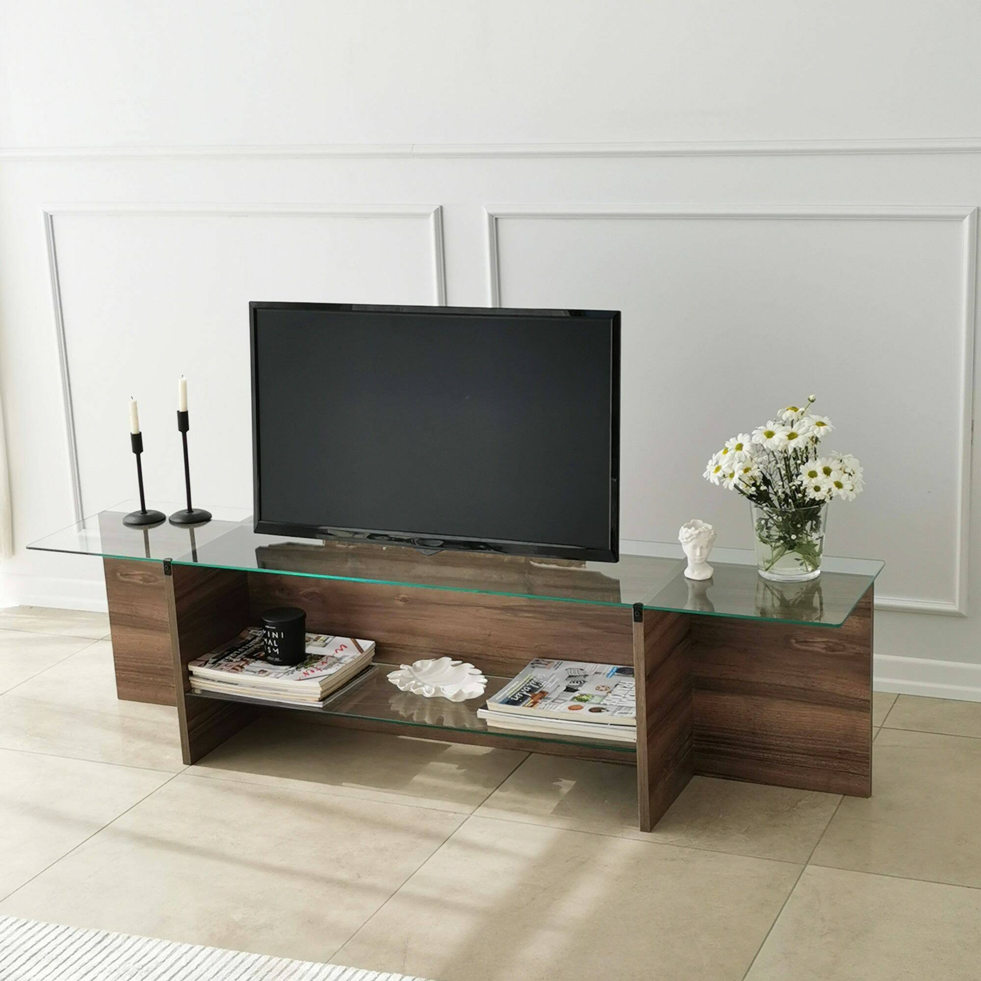 Mobile porta TV Dlinett, Credenza da soggiorno, Armadio basso per TV, Base parete attrezzata, 158x35h40 cm, Noce