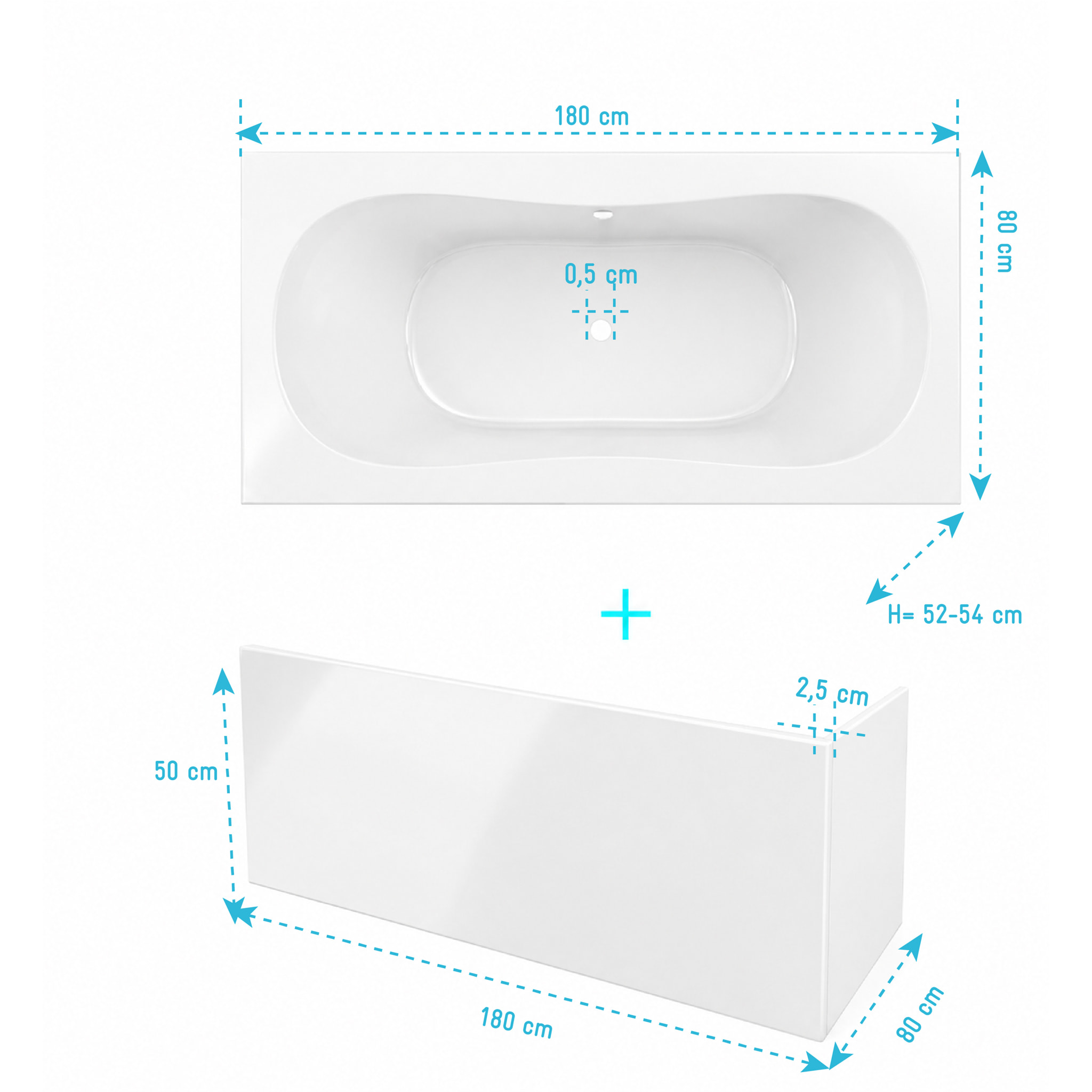 Pack Baignoire 180x80cm et 2 Tabliers recoupables - Blanc Brillant - Marina Round Duo