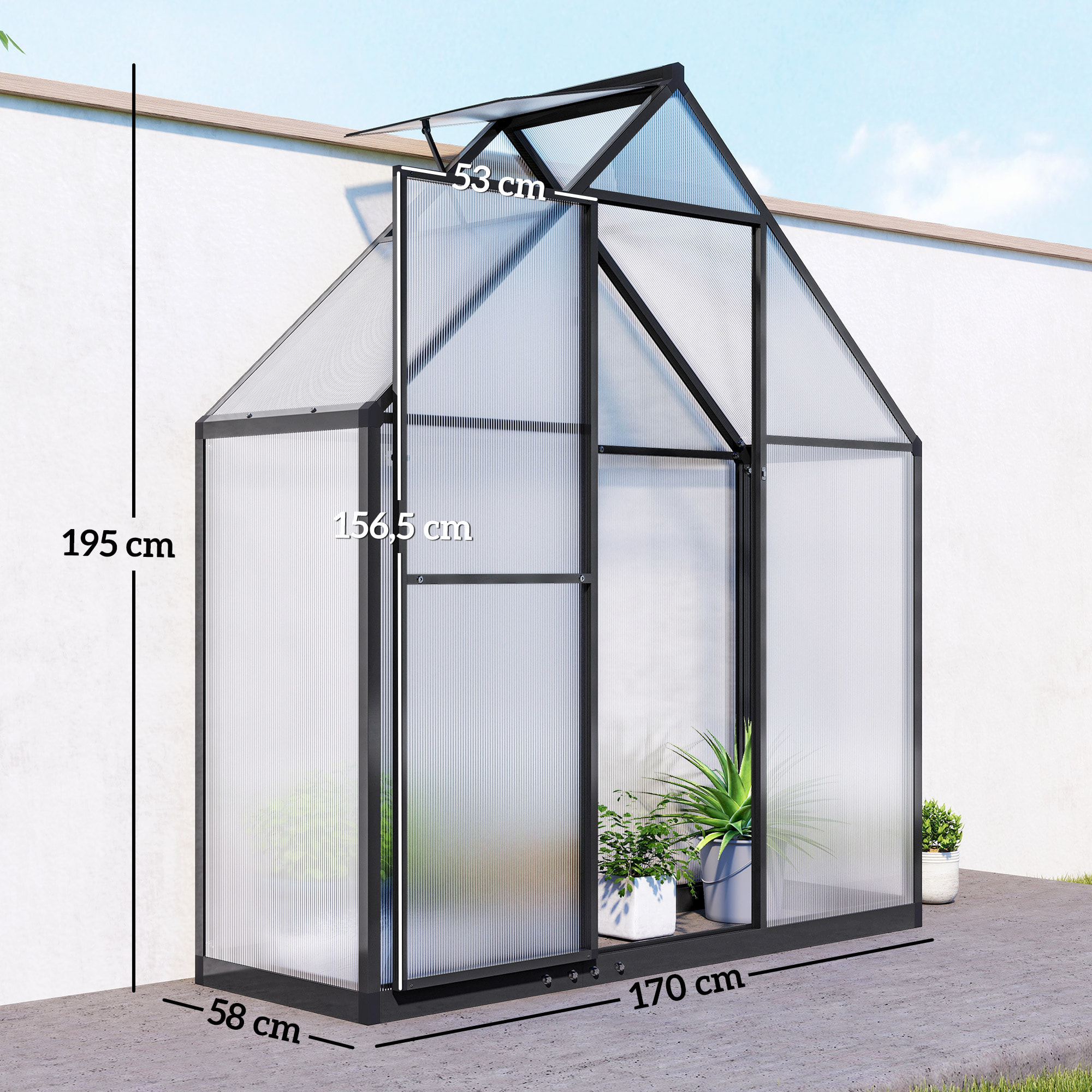 Serre de jardin alu polycarbonate - porte, lucarne - 1,7 x 0,58 x 1,95 m - noir