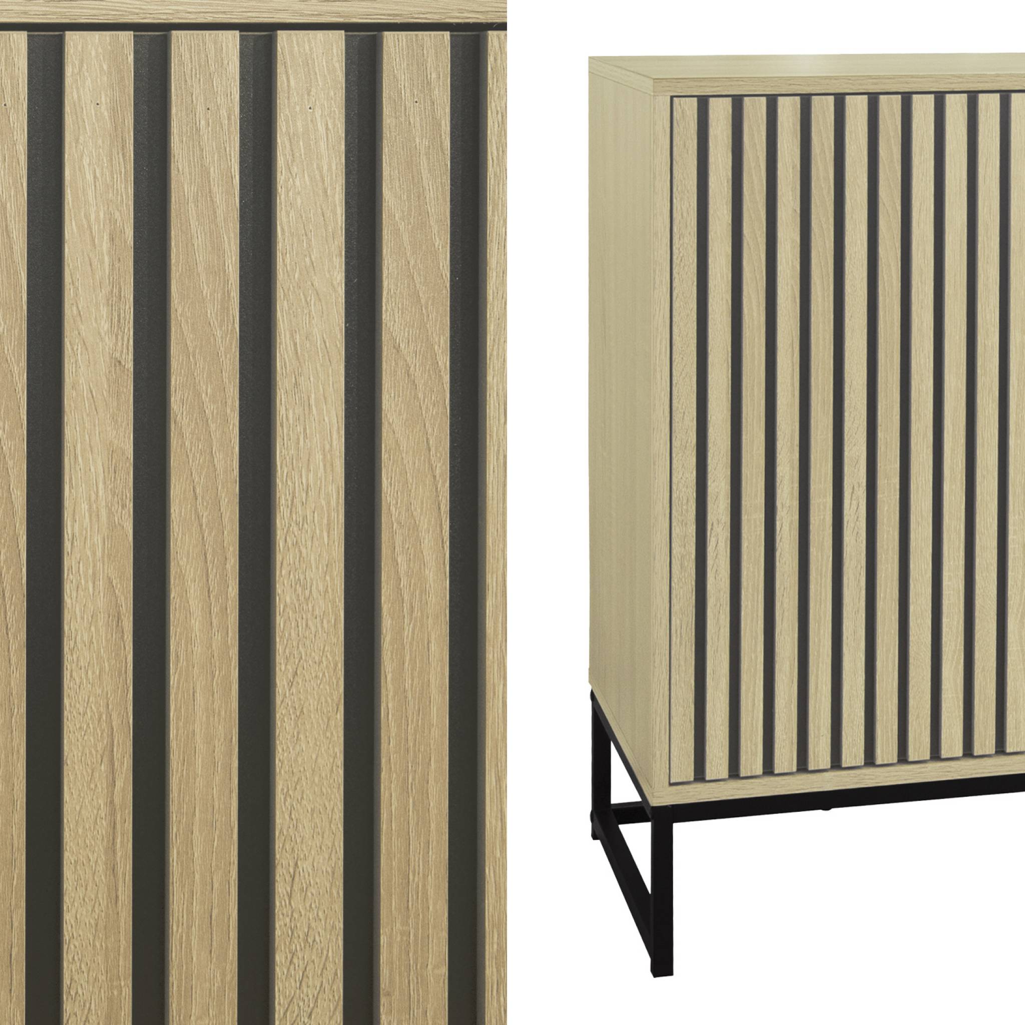 Buffet style contemporain avec 3 portes effet bois rainuré ouverture par pression. buffet bas. piètement en métal noir L160cm