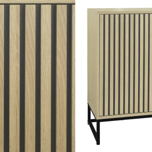 Buffet style contemporain avec 3 portes effet bois rainuré ouverture par pression. buffet bas. piètement en métal noir L160cm