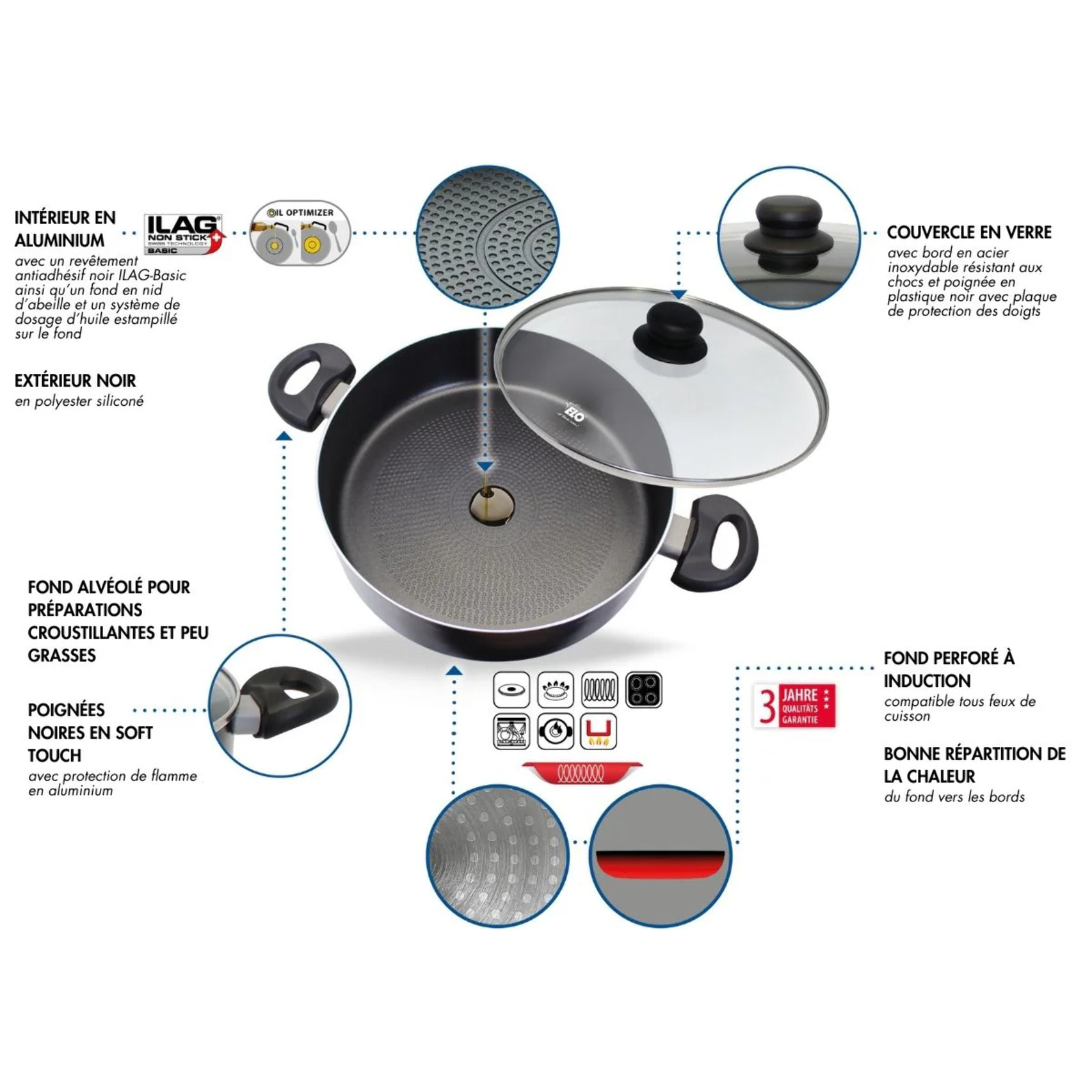 Sauteuse de cuisine 28 cm avec couvercle 3,7 litres Elo Smart Life