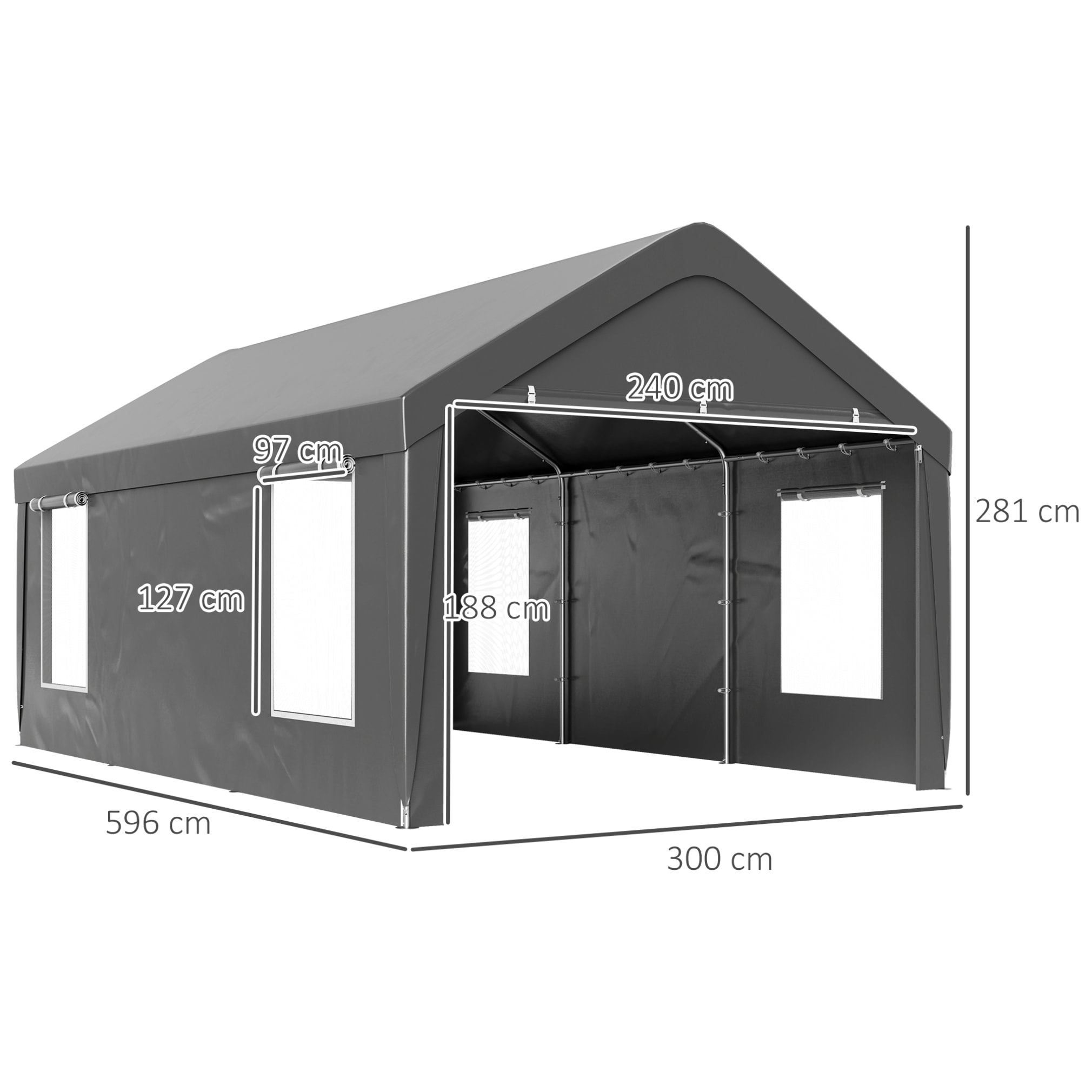 Tente garage carport grande taille 2 portes 4 fenêtres acier galvanisé robuste PE haute densité gris