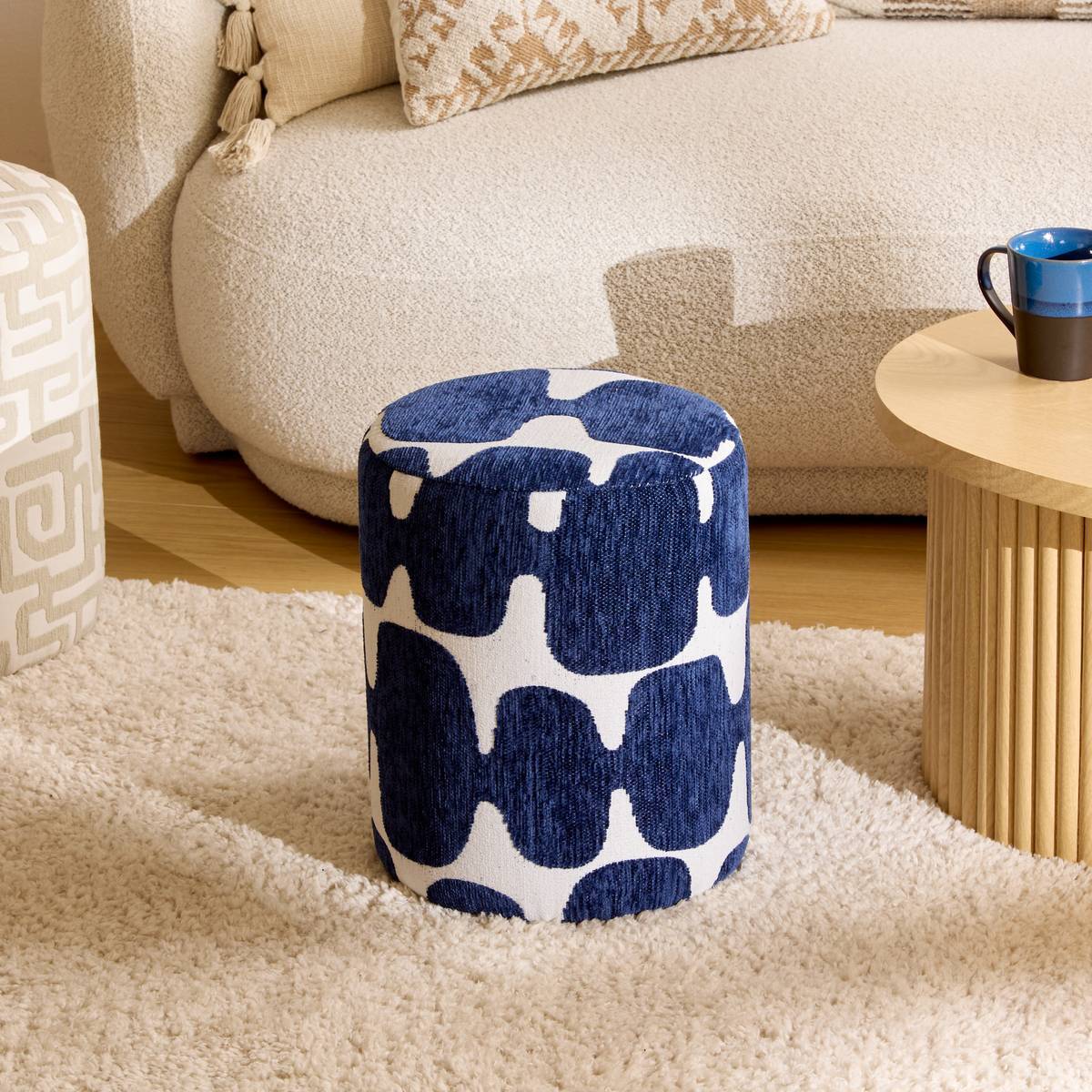 Pouf Rond Delor Bleu est Blanc 30x36 cm