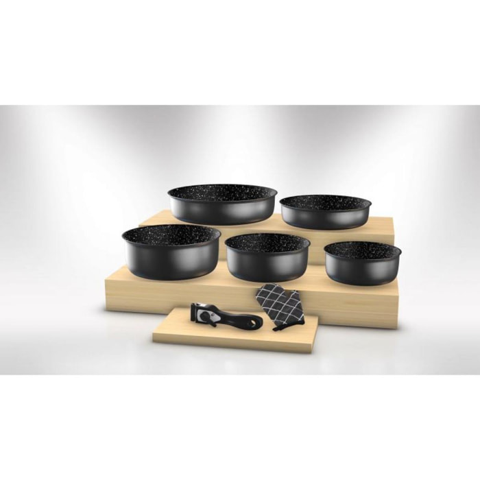 Batterie de cuisine revêtement pierre avec manche amovible 7 pièces noir Herzberg HG8053-BLK