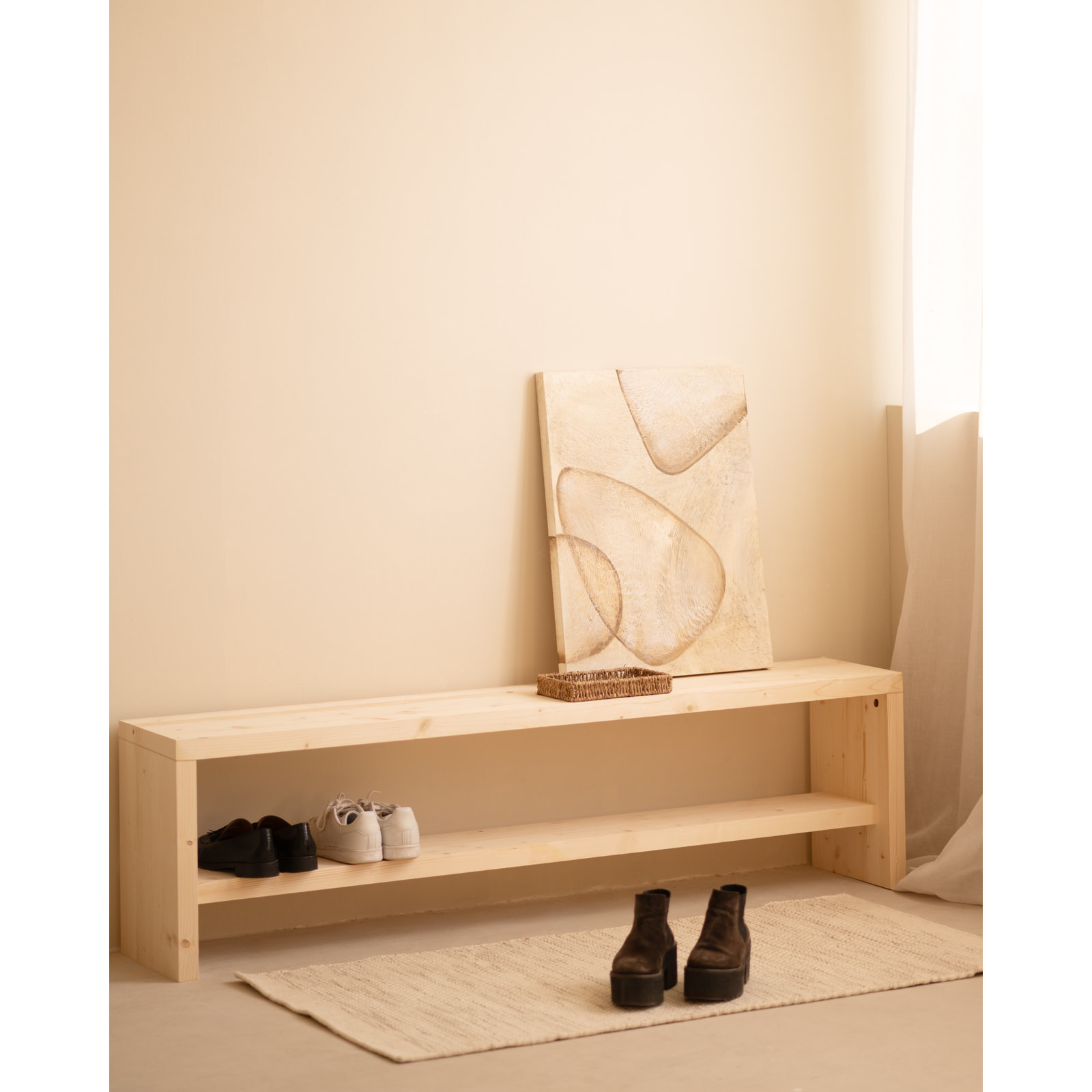Banco zapatero de madera maciza en tono natural de varias medidas