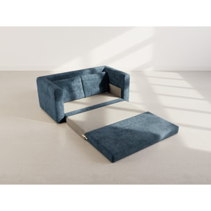 Marilia - Canapé 2 places convertible déplimousse en velours texturé - Bleu