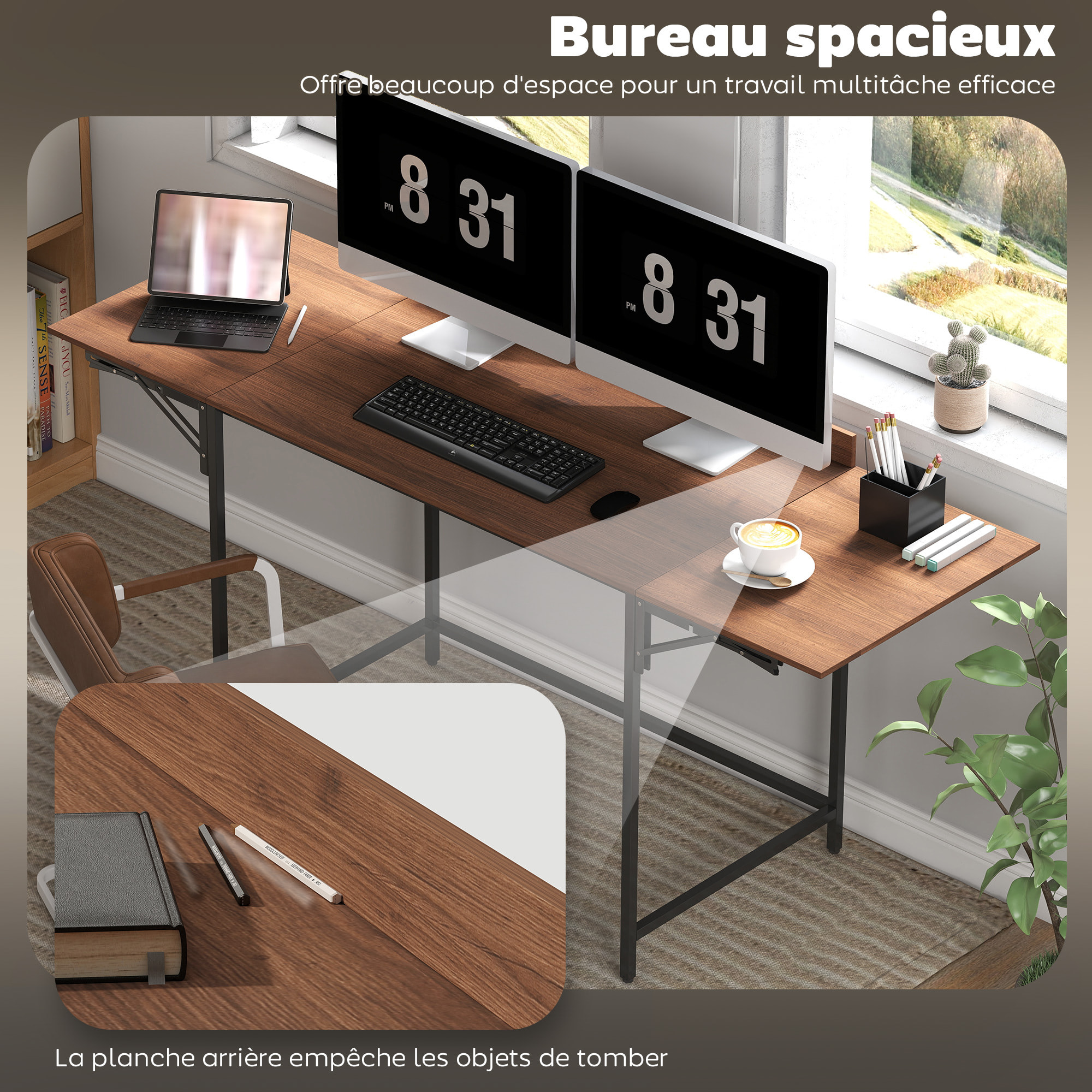 Bureau pliable bureau pliant 2 rallonges rebord plateau arrière métal noir effet bois noyer