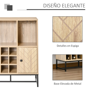 HOMCOM Aparador de Cocina Armario con 1 Puerta 2 Estantes Abiertos Botellero para 12 Botellas y Soporte de 6 Copas de Vino Comedor Bar Restaurante 76x35x97 cm Madera Natural