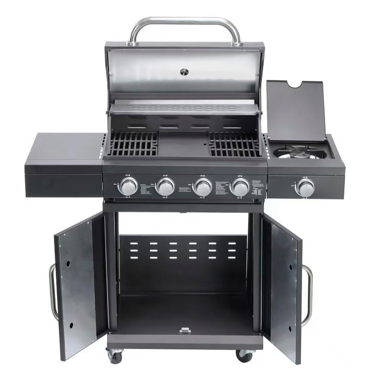 Barbacoa de gas con 4+1 quemadores y termómetro integrado.