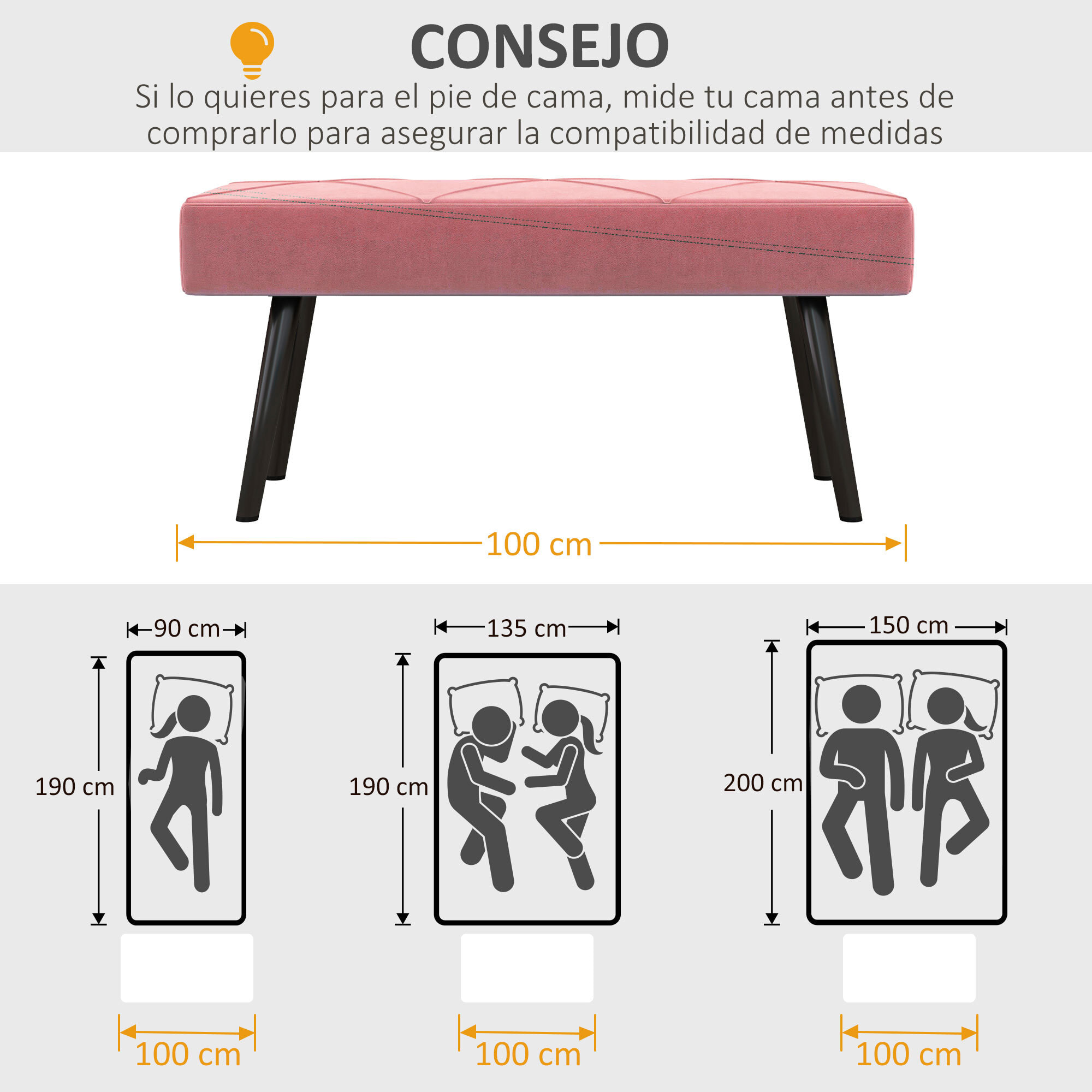 Taburete Pie de Cama Multifuncional Banco Pie de Cama Moderno Banco Dormitorio con Pies de Acero y Asiento Acolchado Carga 120 kg para Entrada Pasillo 100x36x45 cm Rosa