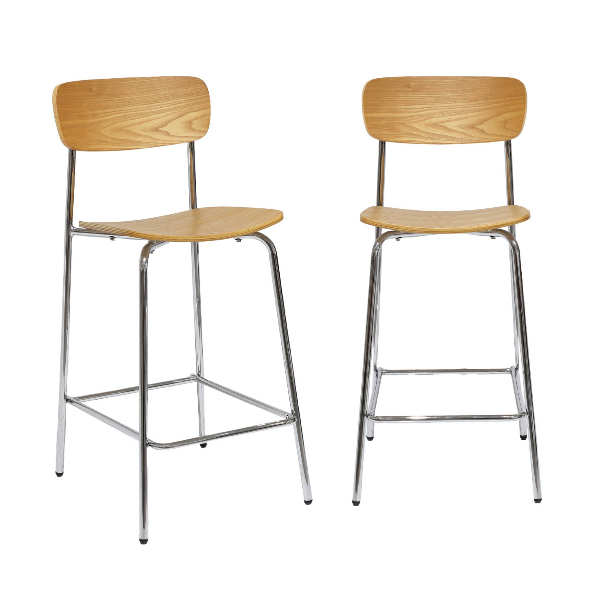 Lot de 2 tabourets de bar vintage contreplaqué avec placage bois effet frêne et pieds métal chromé L 42.5 x P 50 x H 94cm - Toby