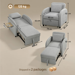 Sofá Cama 1 Plaza Convertible, 3 en 1, con Mesa Lateral Plegable, Sillón Cama con Respaldo Ajustable, Almohada con Funda Lavable, Bolsillo Lateral, para Salón, Dormitorio, Gris
