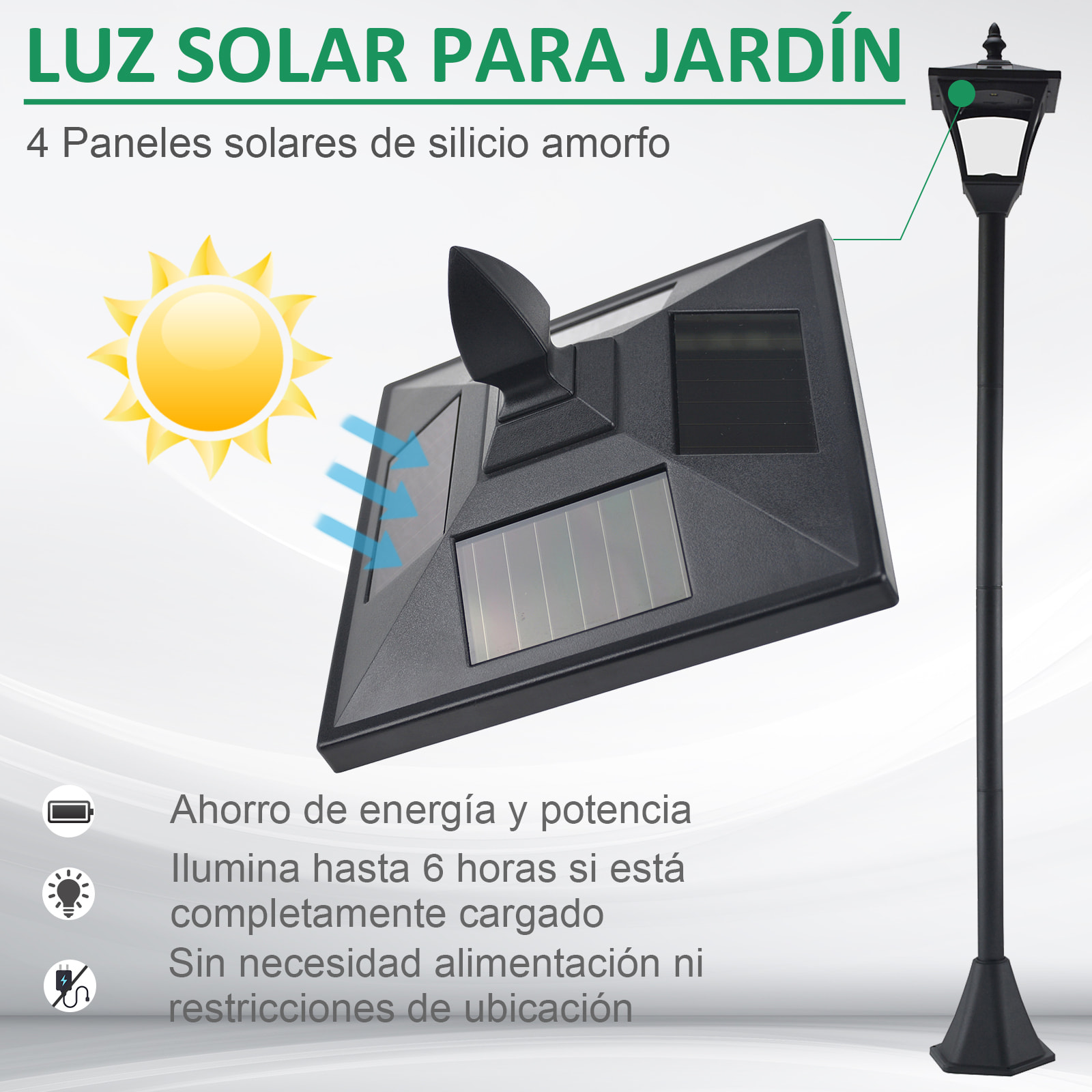 Farola Solar Luz Solar para Jardín con Panel Solar Encendido Automático y Marco de Acero Inoxidable para Terraza Patio 18x18x160 cm Negro