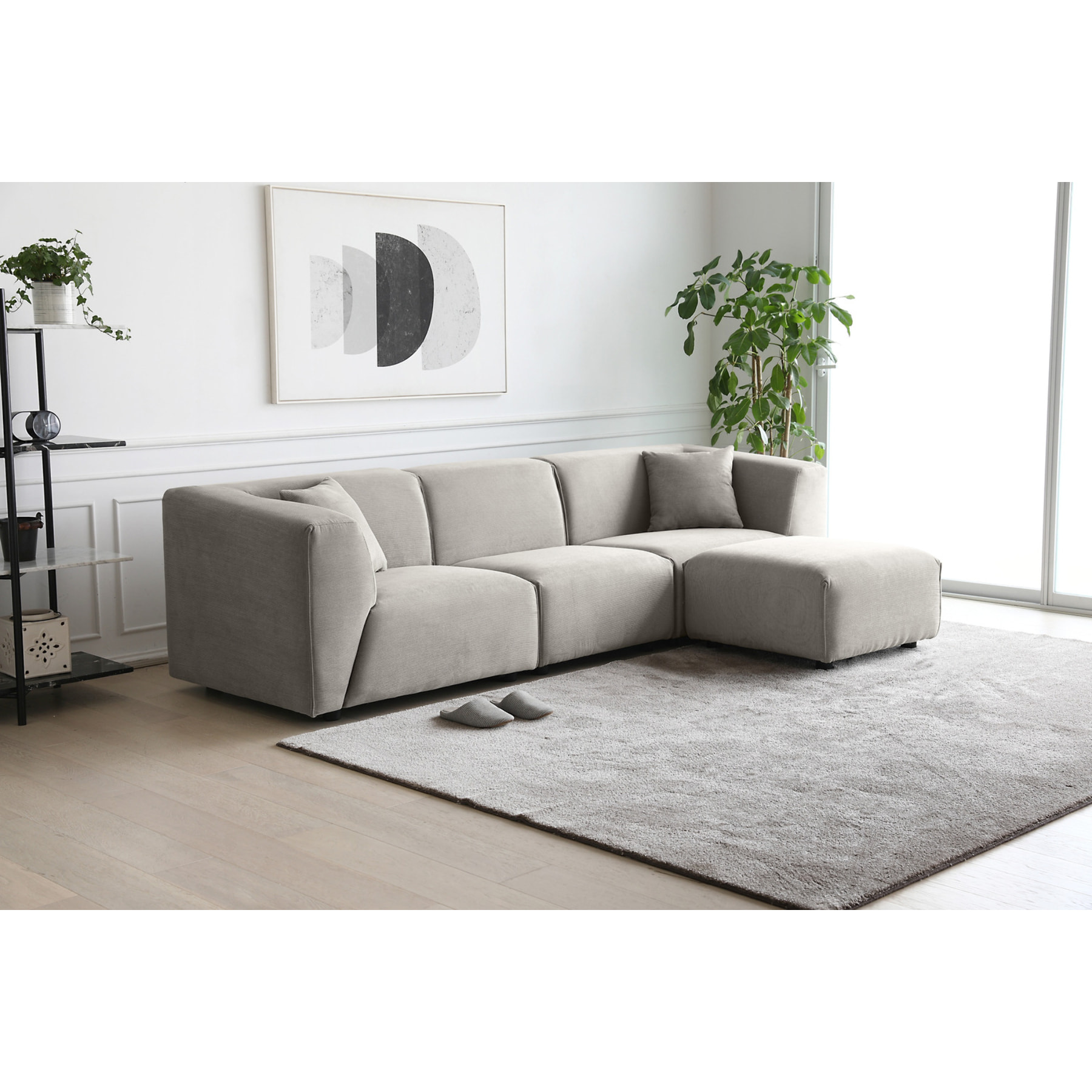 ROME Canapé 3 places + 1 pouf velours côtelé modulable gris clair