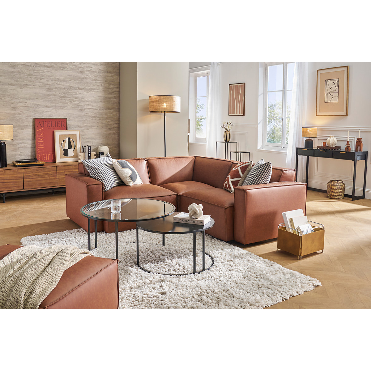 Module d'angle central pour canapé en cuir marron SPLIT
