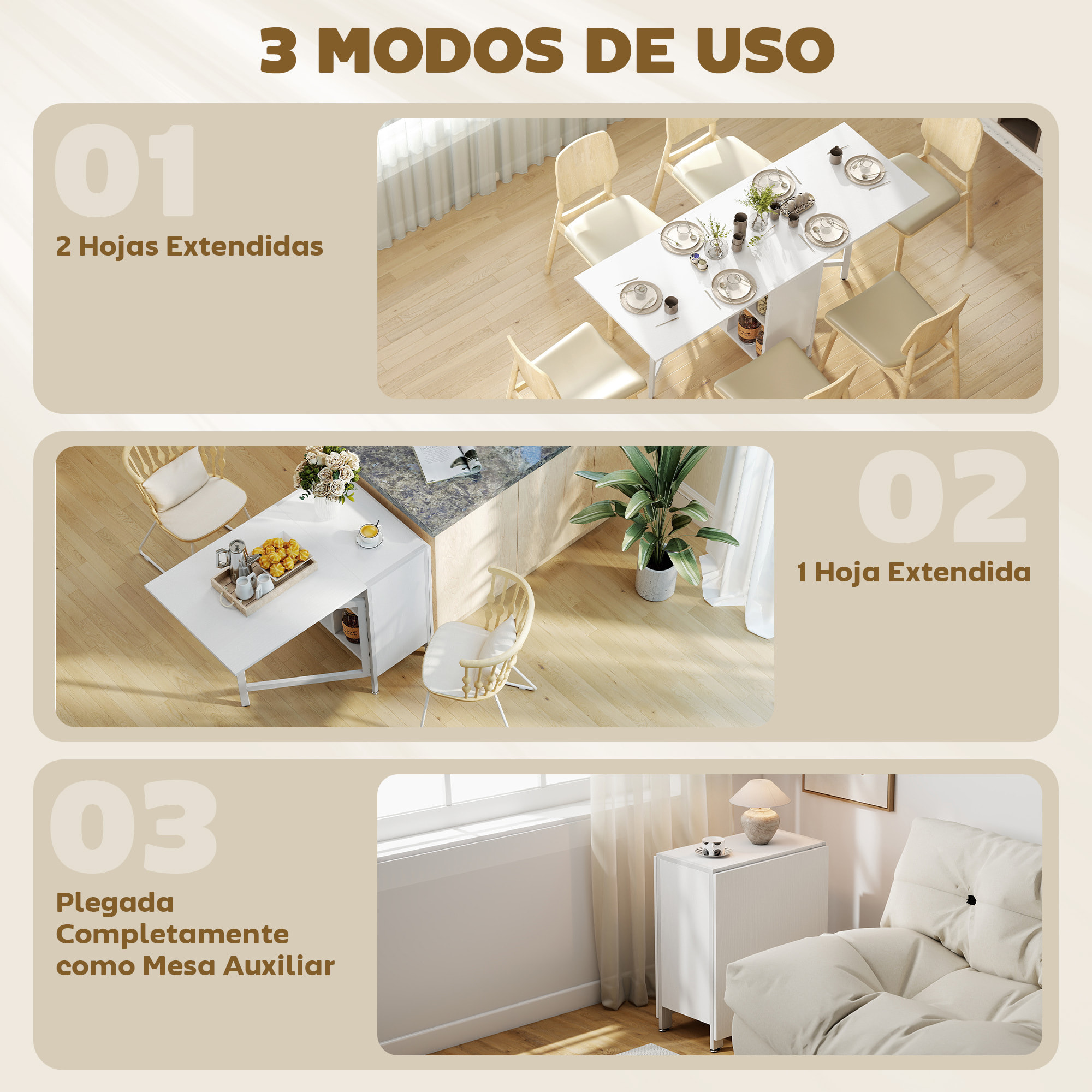 Mesa Plegable de Comedor, Mesa de Cocina Plegable, con Alas Abatibles, 4 Compartimentos, 3 Formas, Hasta 4 Personas, para Salón, Espacio Pequeño, 169x60x75 cm, Blanco