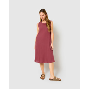 Vestido midi cuello drapeado algodón lino malva
