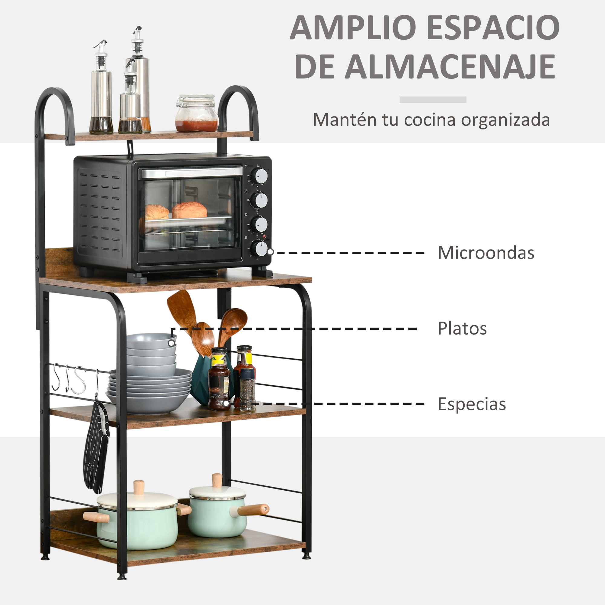Estantería de Cocina de 4 Niveles Estante de Cocina con Ganchos Estantería para Microondas 60x40x125 cm Marrón Rústico y Negro