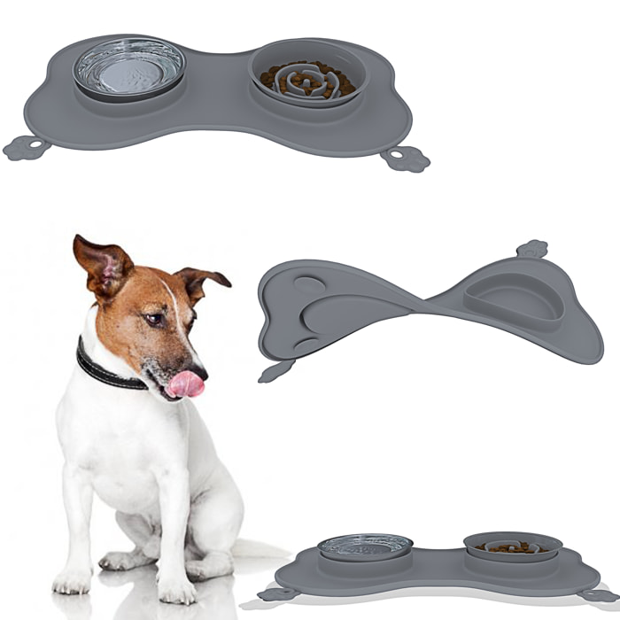 Ciotola Per Cani Gatti 3 In 1 Alimentazione Lenta Acciaio Inox Croccantini Acqua Tappetino in Silicone Antiribaltamento con Ventose 52 x 35 Cm Grigio