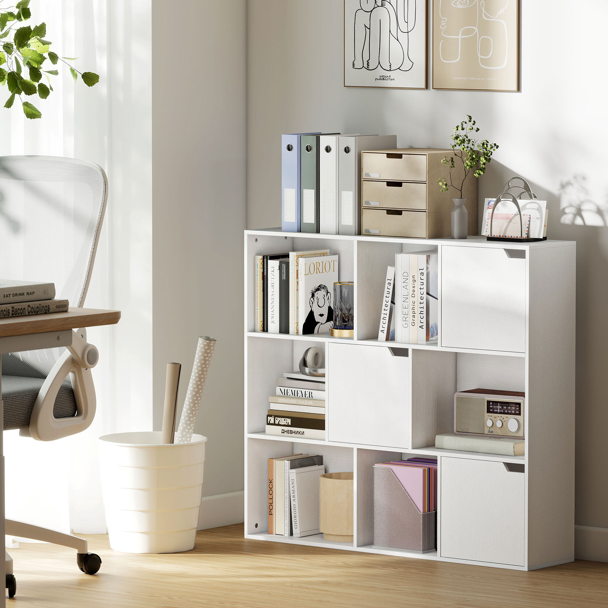 Estantería de 9 Cubos, Librería de 3 Niveles con 3 Puertas y 6 Compartimentos Abiertos, Estilo Moderno, para Dormitorio, Salón, Estudio u Oficina, 106x24x95 cm, Blanco
