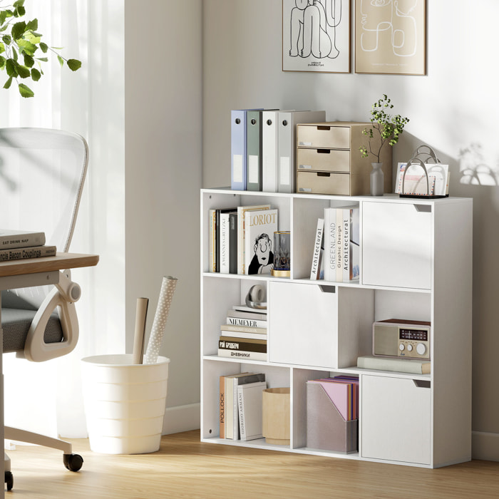 Estantería de 9 Cubos, Librería de 3 Niveles con 3 Puertas y 6 Compartimentos Abiertos, Estilo Moderno, para Dormitorio, Salón, Estudio u Oficina, 106x24x95 cm, Blanco
