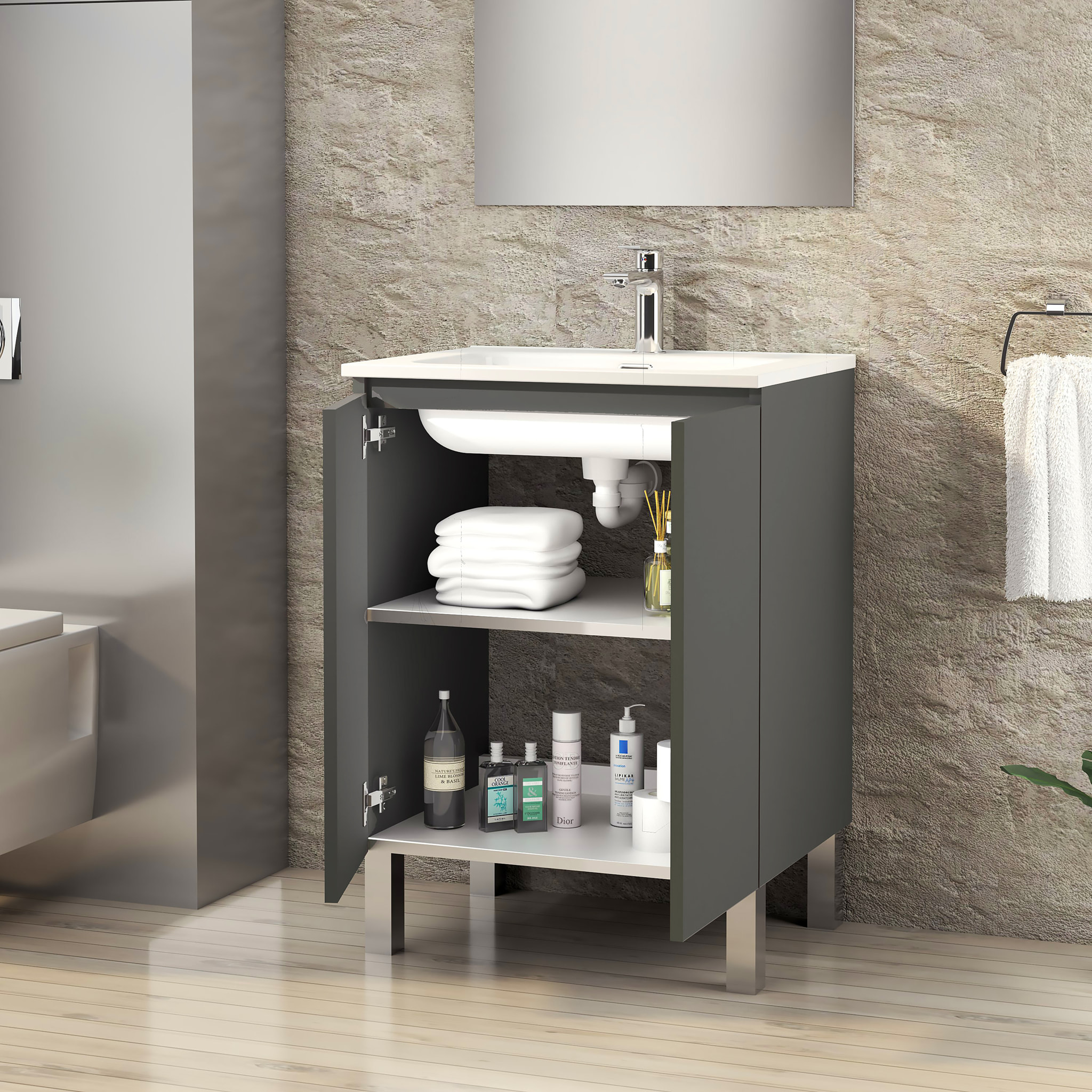 Conjunto de Baño Lust | 60 cm Gris Mate | Dos Puertas | Lavabo Encastrado | No incluye Espejo | Mueble Montado | Alday