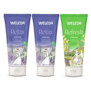 WELEDA - Trio Crème de Douche - Relax Lavande Apaisante X2 + Refresh Citron rafraîchissant X1 - Vegan* - Certifié Natrue ** -Tube 3*200ml