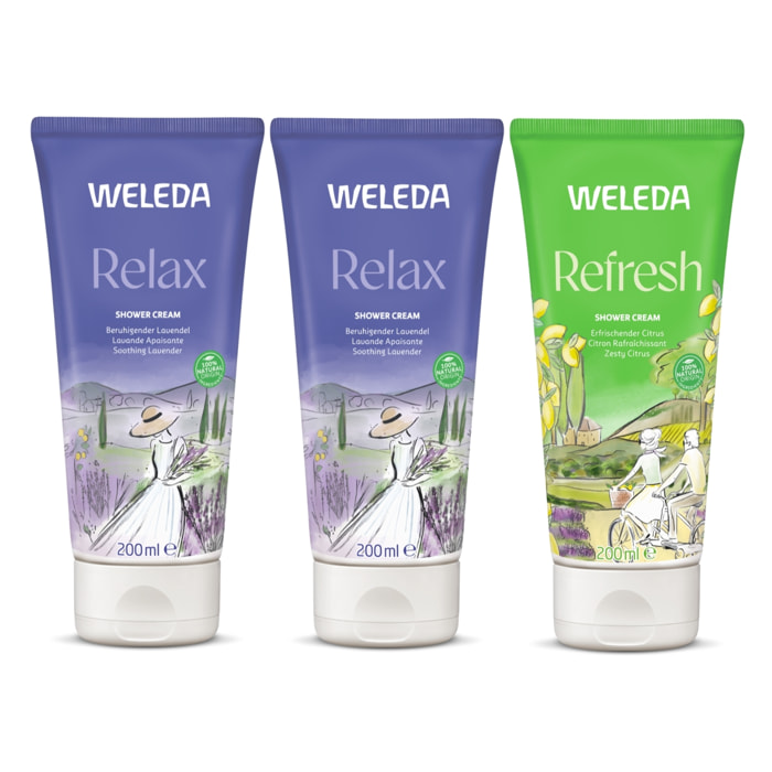 WELEDA - Trio Crème de Douche - Relax Lavande Apaisante X2 + Refresh Citron rafraîchissant X1 - Vegan* - Certifié Natrue ** -Tube 3*200ml